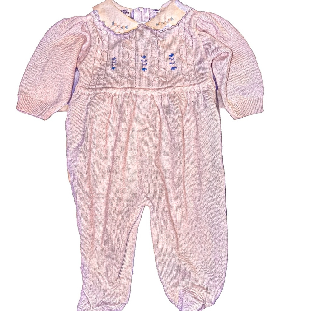 Friedknit Creations Vintage Baby Girl Romper 6M – Pink Knit Footed Onesie